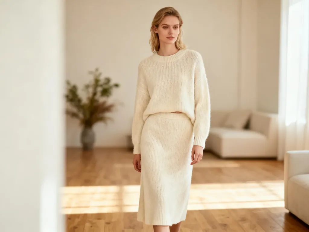 Kobieta w kremowym komplecie z dzianiny ze spódnicą midi, prezentująca elegancką stylizację w jasnym, nowoczesnym wnętrzu.