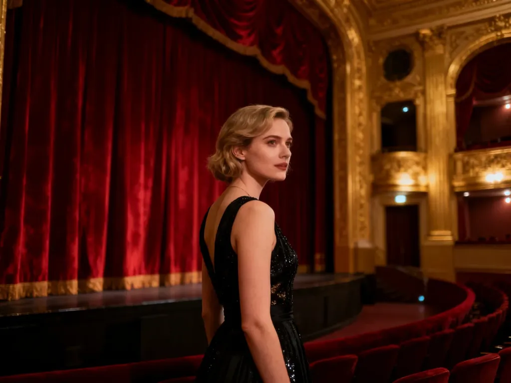 Elegancka kobieta w wieczorowej sukni w luksusowym foyer teatru, prezentująca szykowną stylizację na wieczorne wyjście.