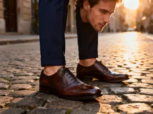 Kobieta w karmelowym płaszczu z eleganckim, szmaragdowozielonym szalikiem na tle jesiennej ulicy.