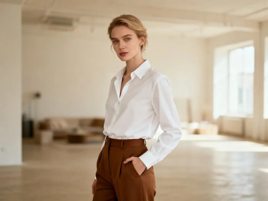 Stylowa kobieta w brązowych spodniach i białej koszuli w minimalistycznym wnętrzu, prezentująca elegancki zestaw.