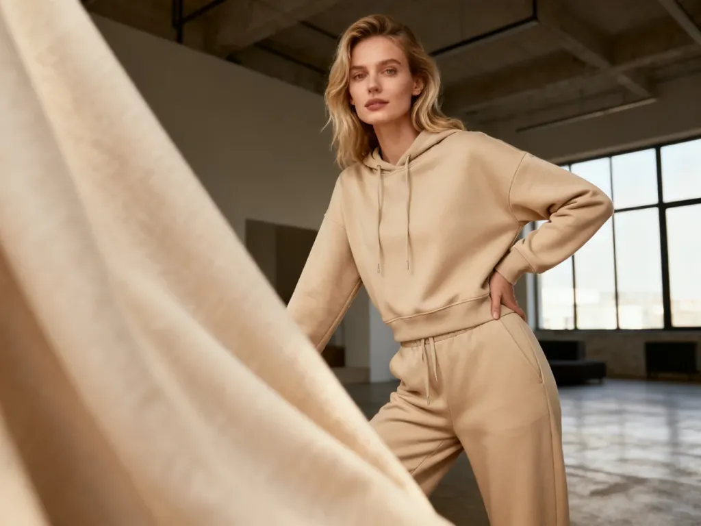 Kobieta w beżowym, eleganckim dresie pozująca w nowoczesnym luksusowym wnętrzu, prezentująca stylizację typu athleisure.
