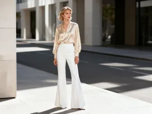 Kobieta w karmelowym płaszczu z eleganckim, szmaragdowozielonym szalikiem na tle jesiennej ulicy.