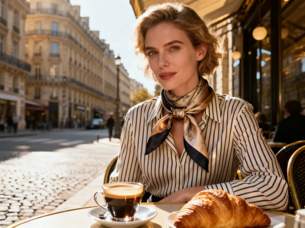 Stylowa kobieta w paryskiej kawiarni z kawą i rogalikiem, uosabiająca klasyczną francuską elegancję.