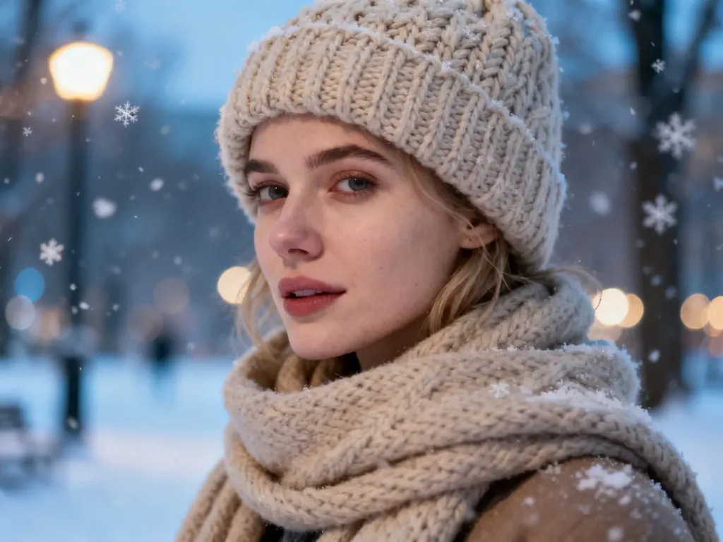 Kobieta w grubym, dzianinowym beanie i wełnianym szaliku w zimowej scenerii parku. Zbliżenie na fakturę modnej czapki.
